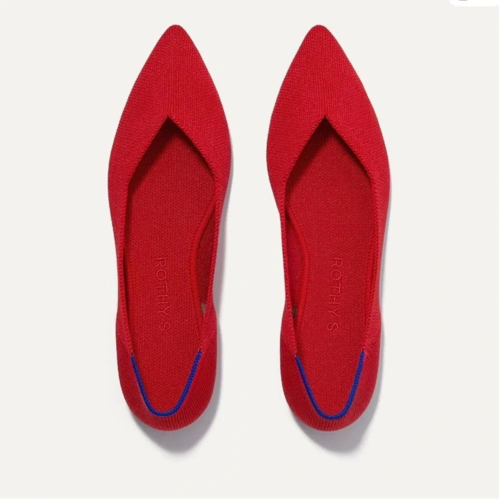 Rothy's Red Pointed Toe Flats with Blue Heel Trim Size 8 - Picture 3 of 11